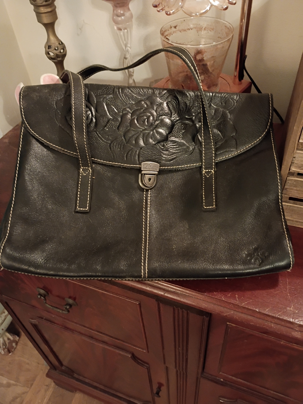 Patricia Nash Black Embossed Leather Floral Satchel